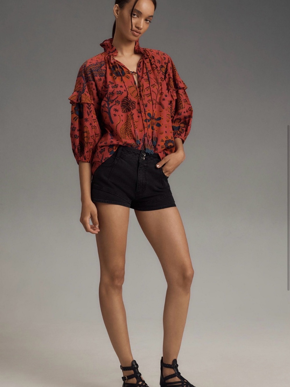 FARM Rio Rust Floral Tassel Tie-Neck Blouse - Picture 3 of 3